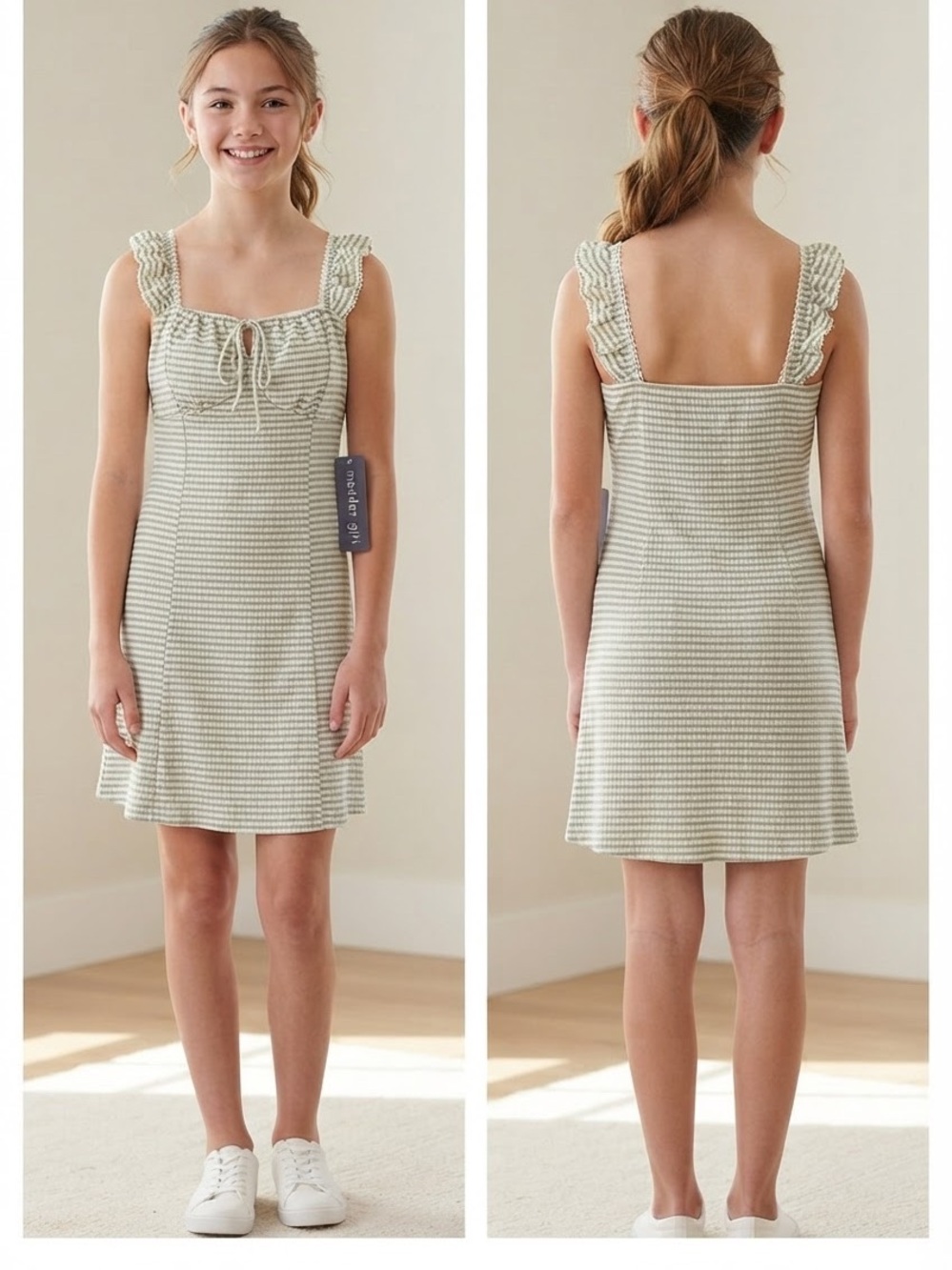 Madden Girl Olive Green and White Gingham Dress
